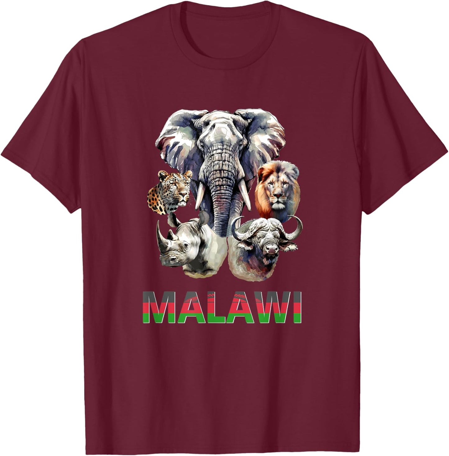 Malawi Big Five Wildlife in Watercolor for Malawi Fans T-Shirt - T-Shirt | Maroon
