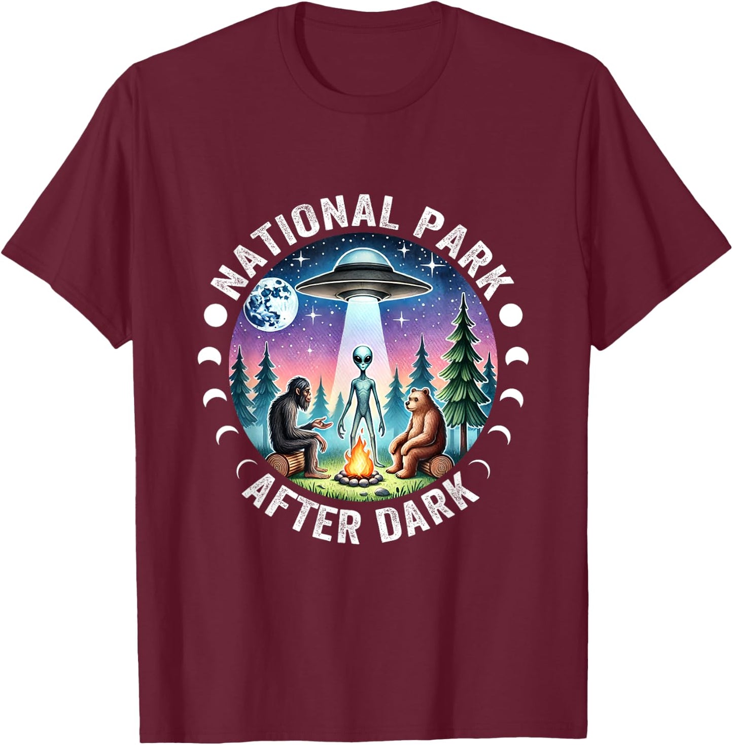 Vintage Retro Funny National Park After the Dark Big foot Alien Campfire , Small, Black T-Shirt - T-Shirt | Maroon