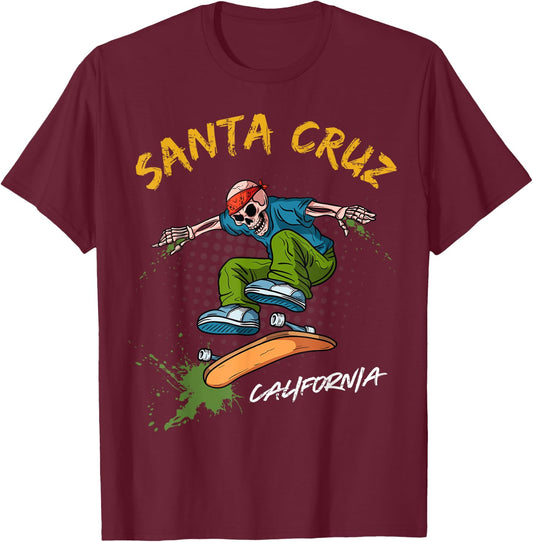 Santa-Cruz Skeleton Skateboard Beach Funny Halloween men T-Shirt - T-Shirt | Maroon