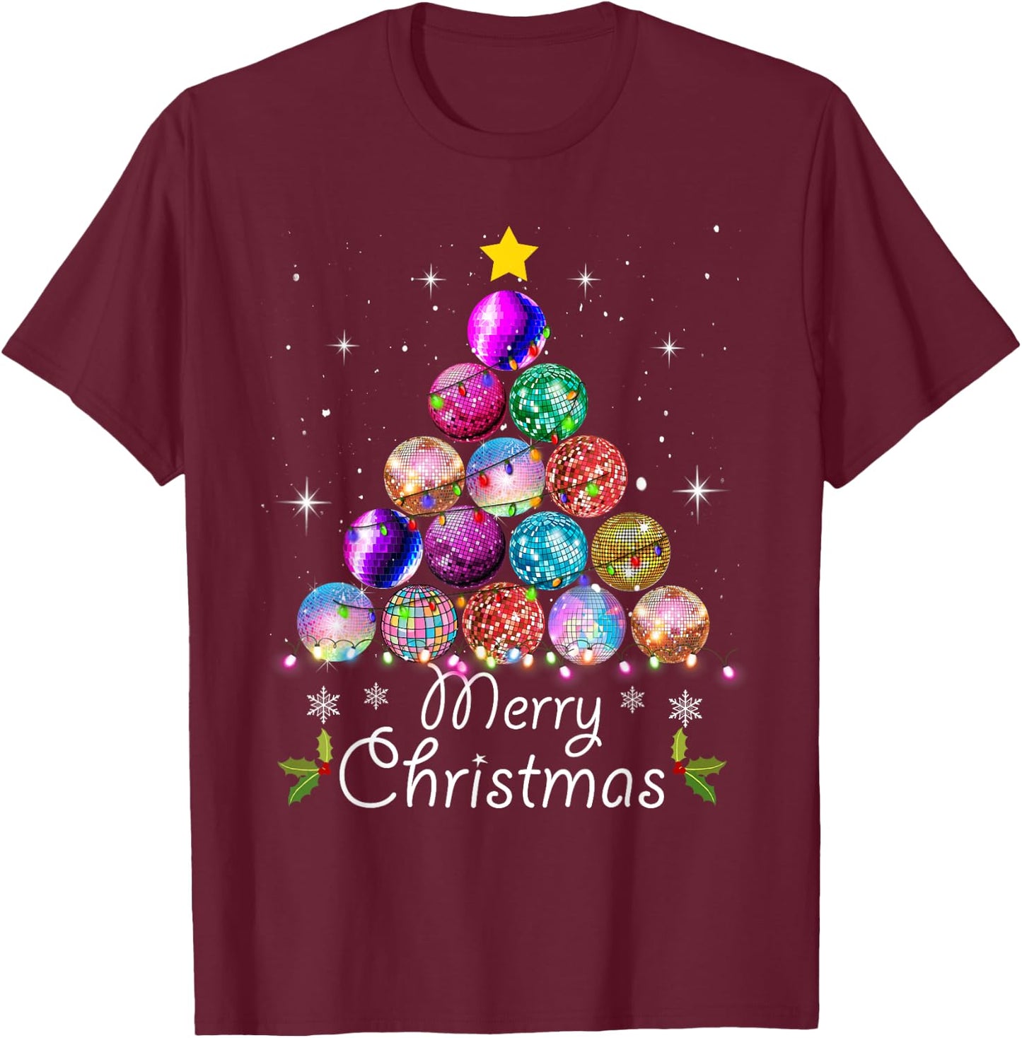 Merry Christmas Disco Ball Tree Lights Xmas - Disco Music T-Shirt - T-Shirt | Maroon