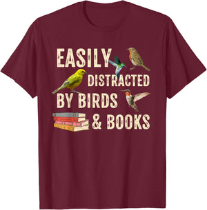 Easily Distracted By Birds & Books Vintage Funny Birder T-Shirt - T-Shirt | Maroon