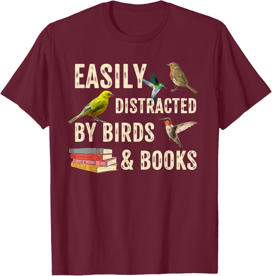 Easily Distracted By Birds & Books Vintage Funny Birder T-Shirt - T-Shirt | Maroon