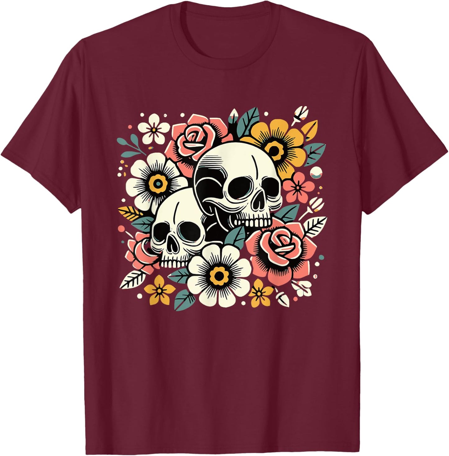 Boho Wildflowers Floral Nature Flower Skull Graphics T-Shirt - T-Shirt | Maroon