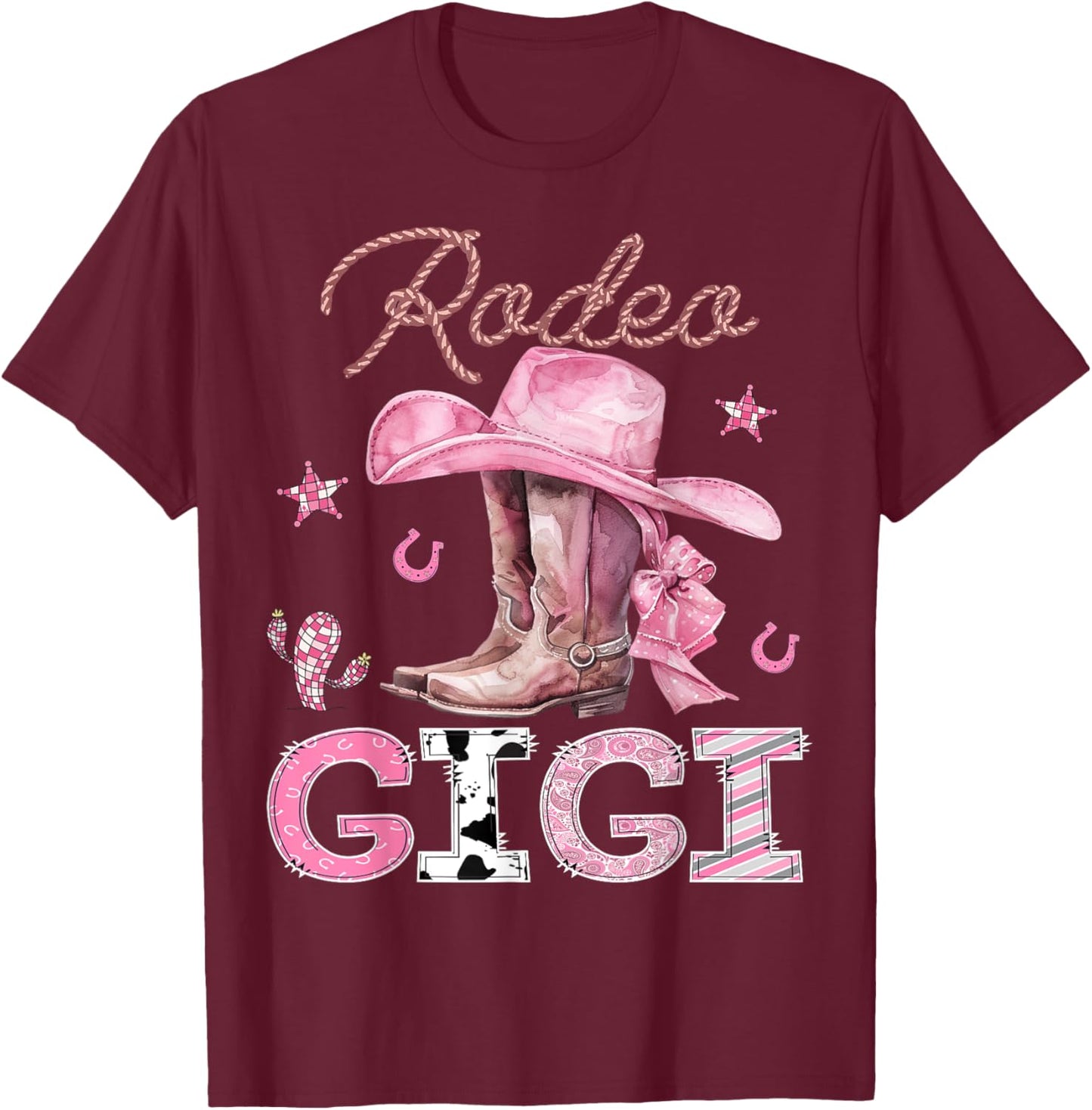 Rodeo Gigi Pink Boots Coquette CowGirl Birthday Party T-Shirt - T-Shirt | Maroon