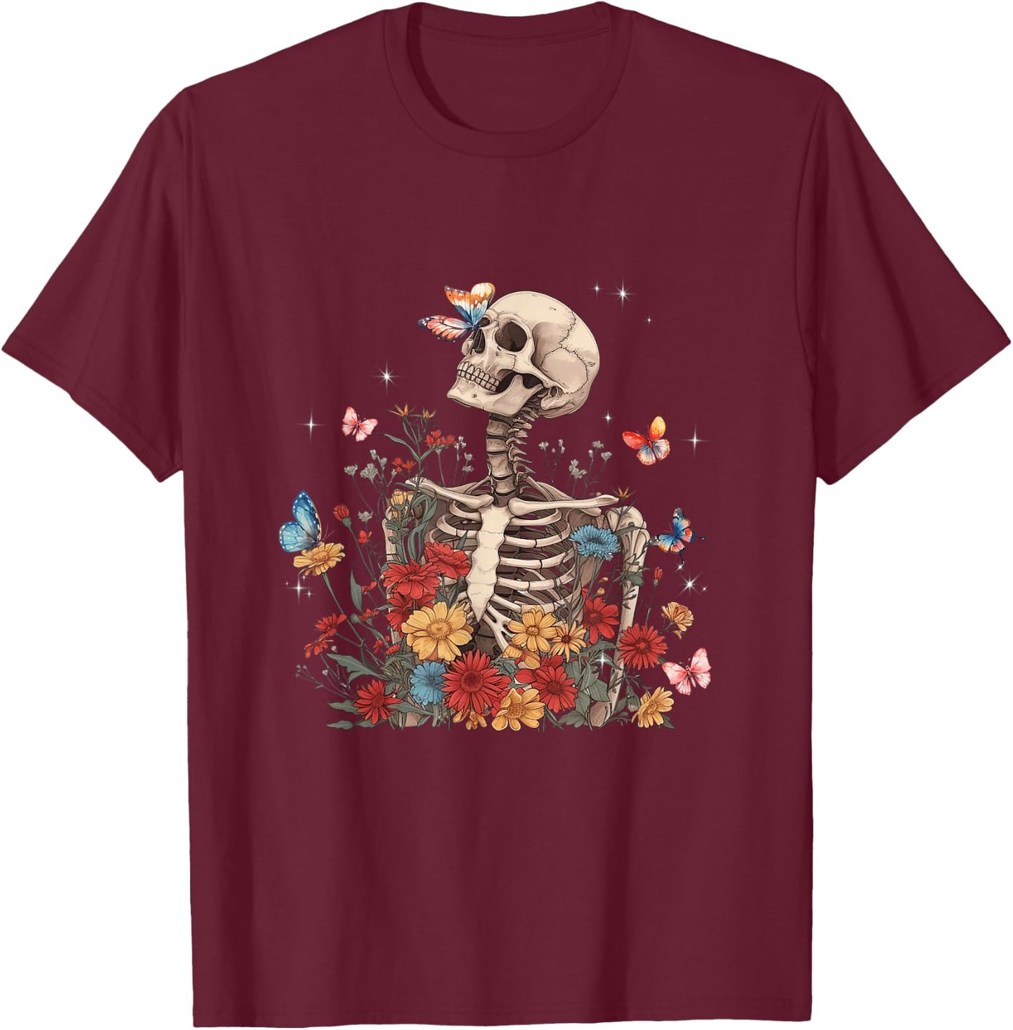 Skeleton Flowers Butterfly Floral Halloween Men Women T-Shirt - T-Shirt | Maroon