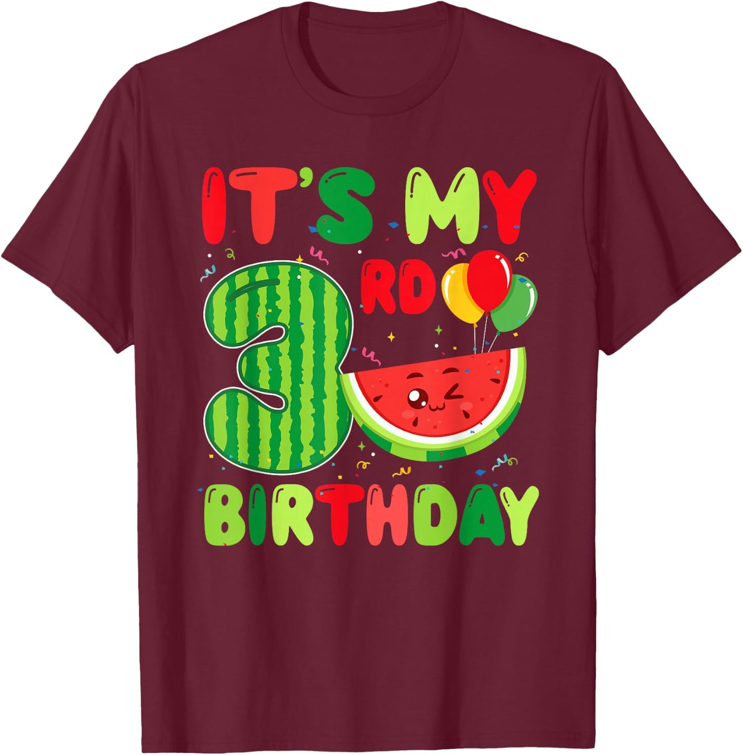 Watermelon Themed 3rd Birthday 3 Year Old Summer Party T-Shirt - T-Shirt | Maroon