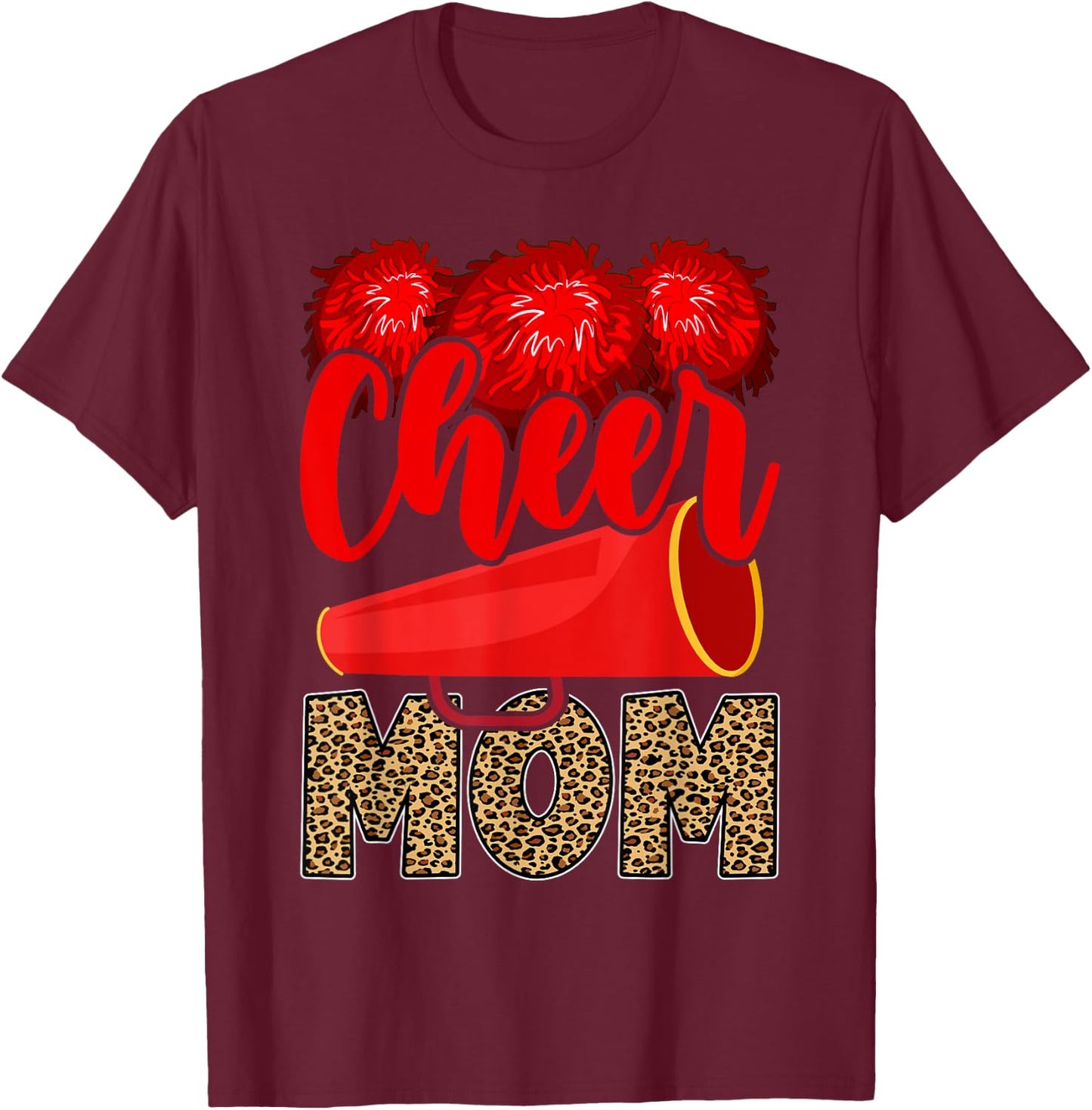 Cheer Mom Biggest Fan Leopard Print Black And Red Pom Pom T-Shirt - T-Shirt | Maroon
