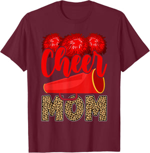Cheer Mom Biggest Fan Leopard Print Black And Red Pom Pom T-Shirt - T-Shirt | Maroon