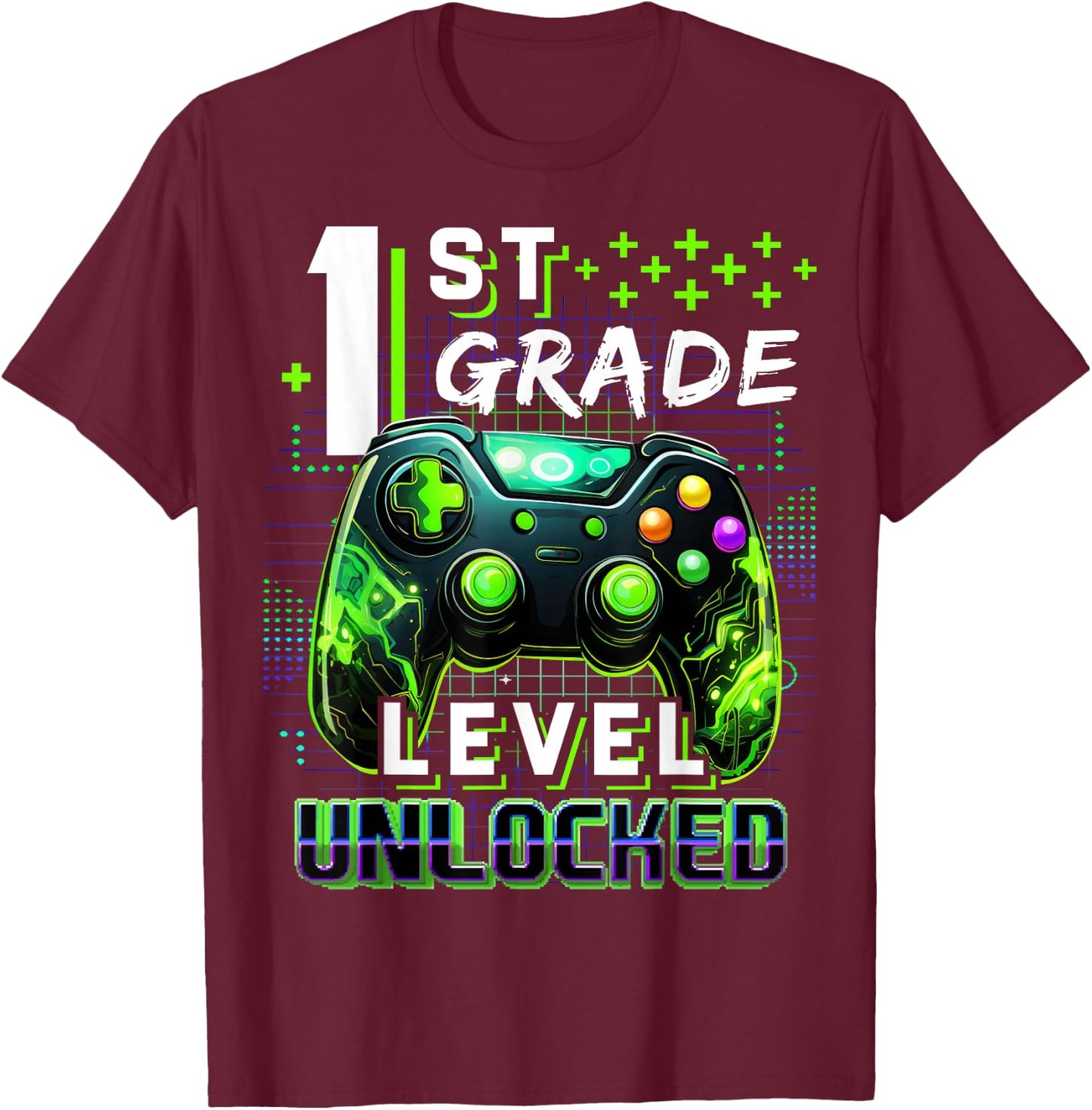 Back to School 1st Grade Boys Gamer First Day School Level T-Shirt - T-Shirt | Maroon
