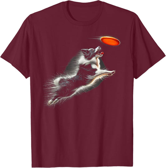 Border Collie Catching Frisbee Graphic Design T-Shirt - T-Shirt | Maroon