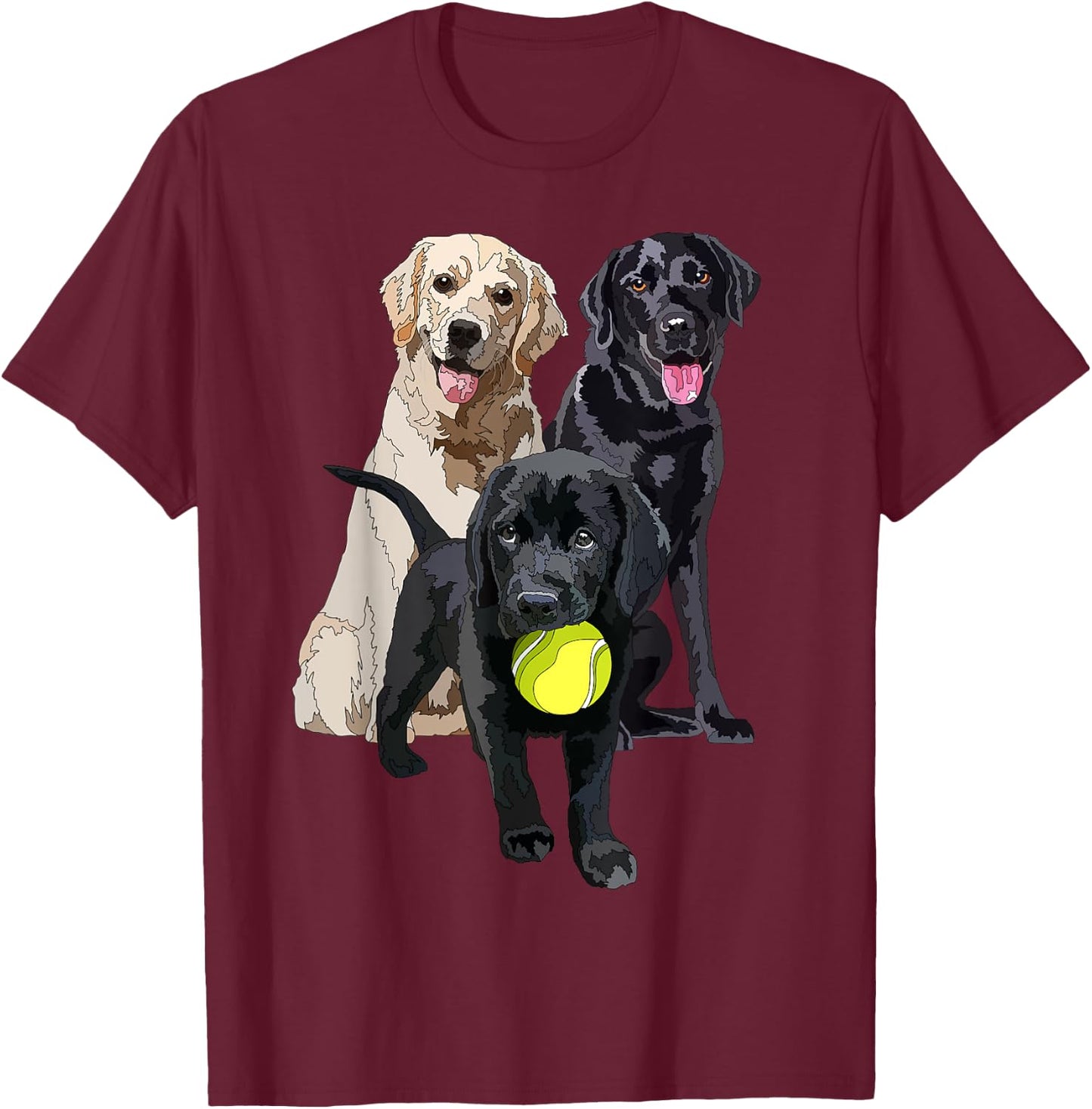 Happy Yellow Labrador Black Retriever And A Puppy Dog Men Women Girls Kids T-Shirt - T-Shirt | Maroon