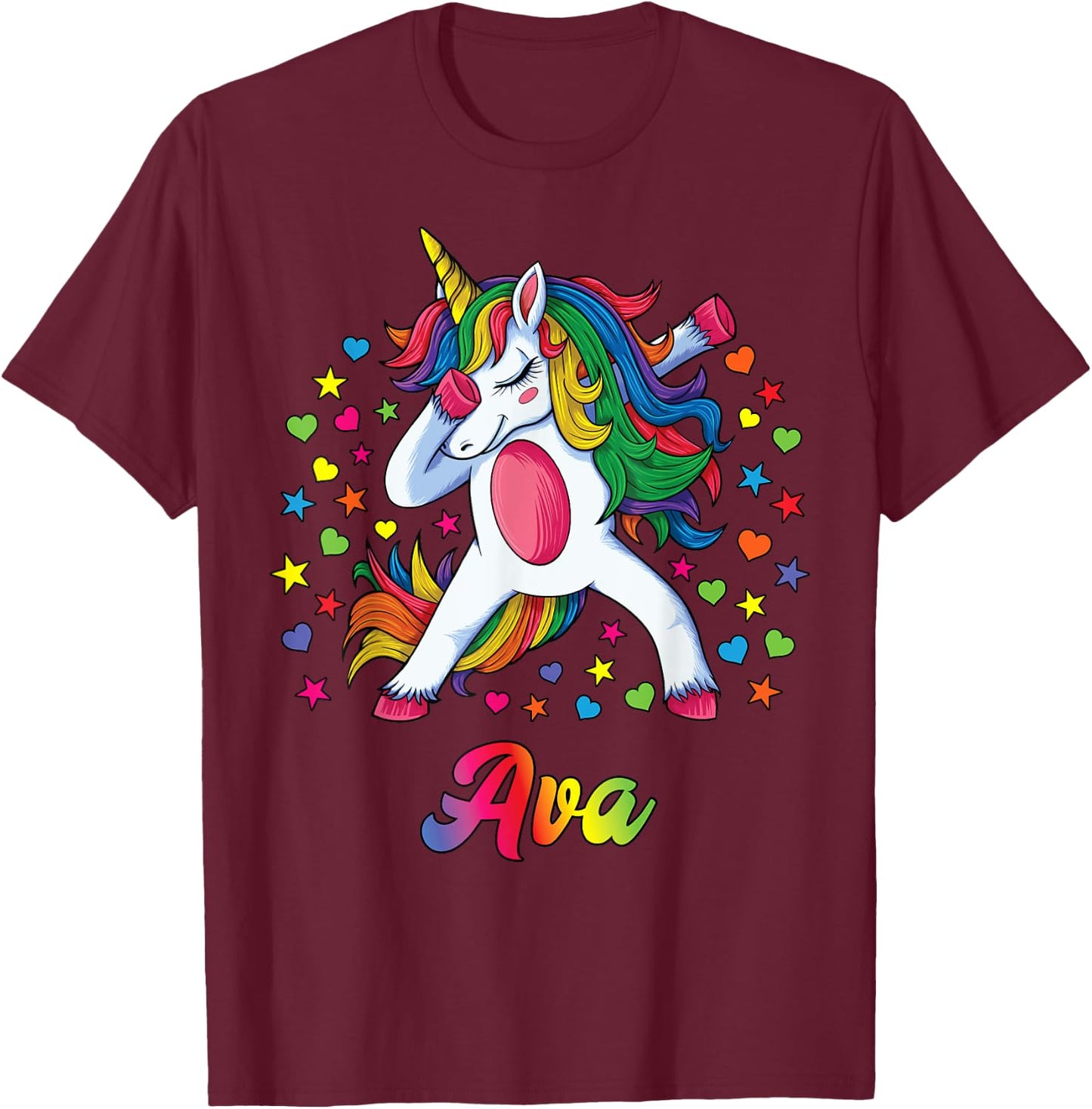 Ava Dabbing Unicorn Rainbow Personalized Name Custom T-Shirt - T-Shirt | Maroon