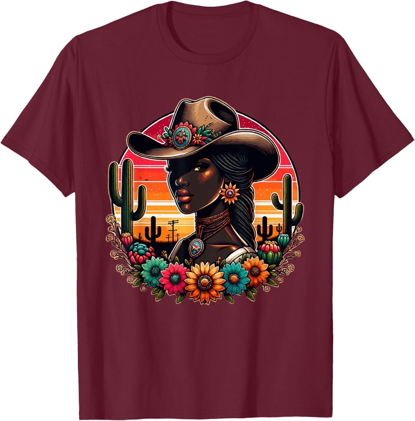 Black Cowgirl Western Rodeo Melanin Texas Woman Girl country T-Shirt - T-Shirt | Maroon