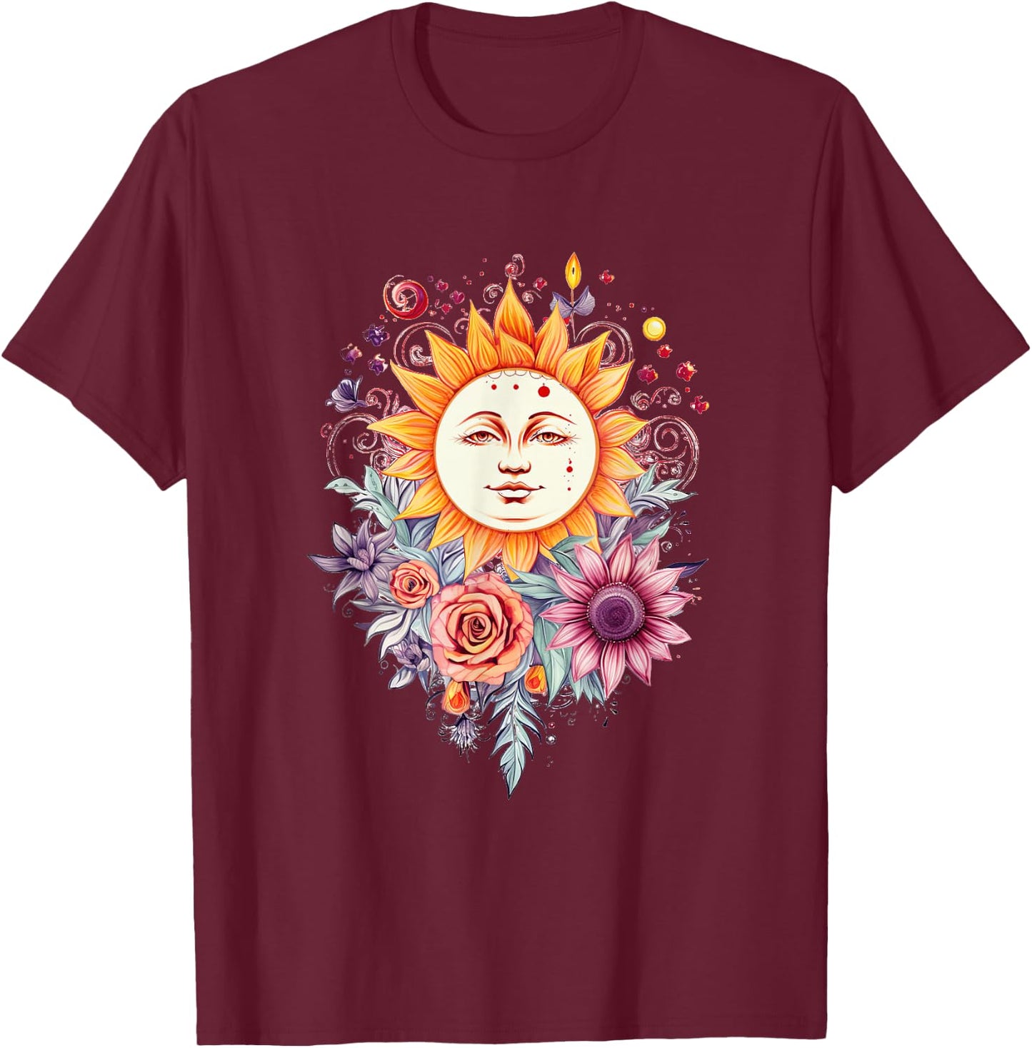 Mystic Sun and Moon Woman Mystical Flowers Aesthetic T-Shirt - T-Shirt | Maroon
