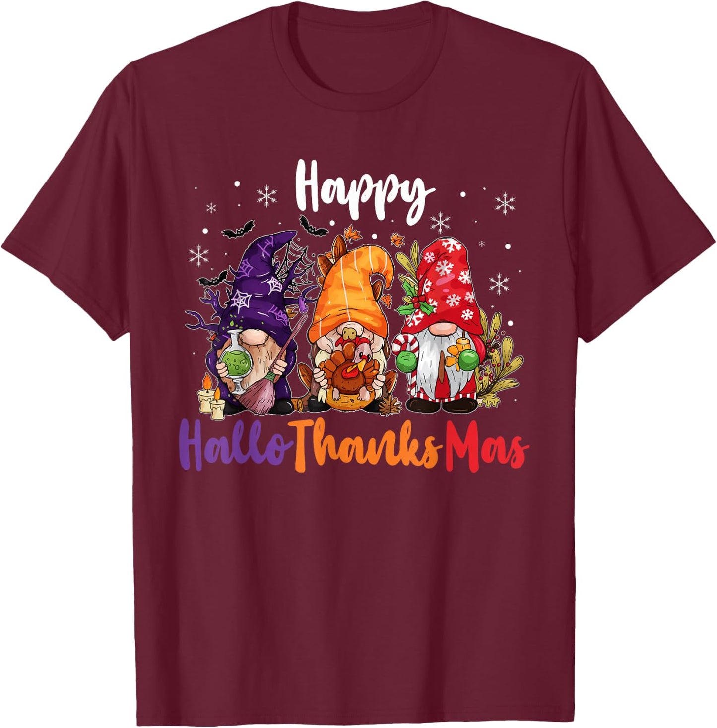 Happy Hallothanksmas Gnomes Lover Halloween Merry Christmas T-Shirt - T-Shirt | Maroon