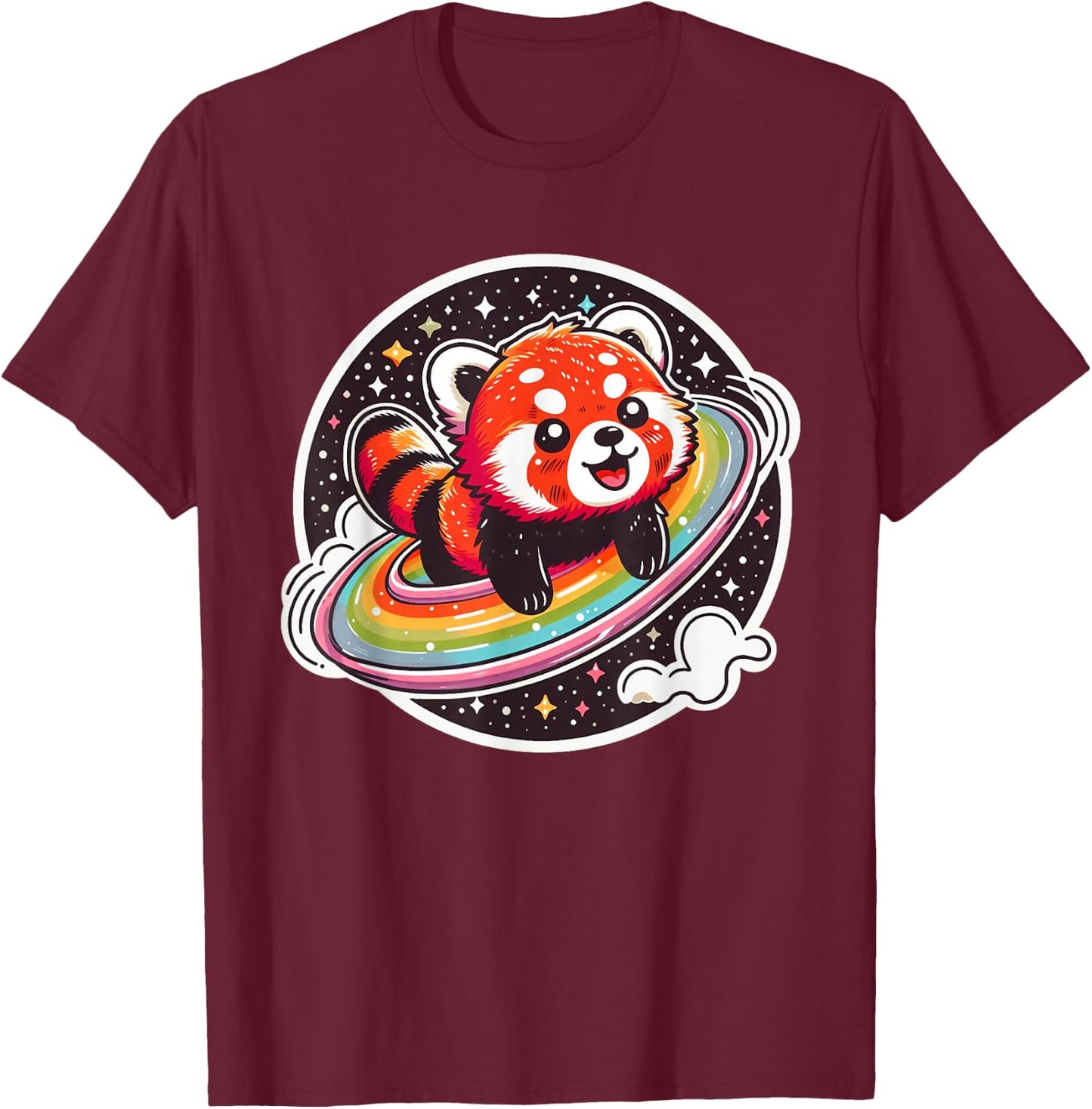 Cute Red Panda in Space Cartoon Style Funny and Colourful T-Shirt - T-Shirt | Maroon