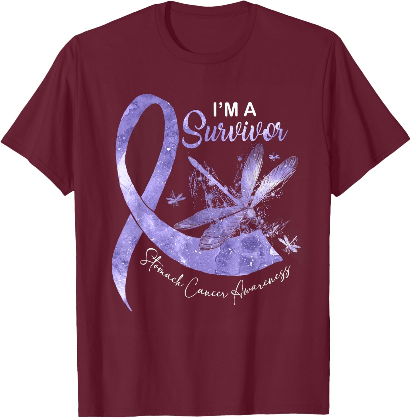 I'm A Survivor Stomach Cancer Dragonfly Periwinkle Ribbon T-Shirt - T-Shirt | Maroon
