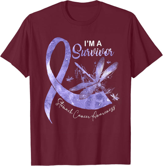 I'm A Survivor Stomach Cancer Dragonfly Periwinkle Ribbon T-Shirt - T-Shirt | Maroon