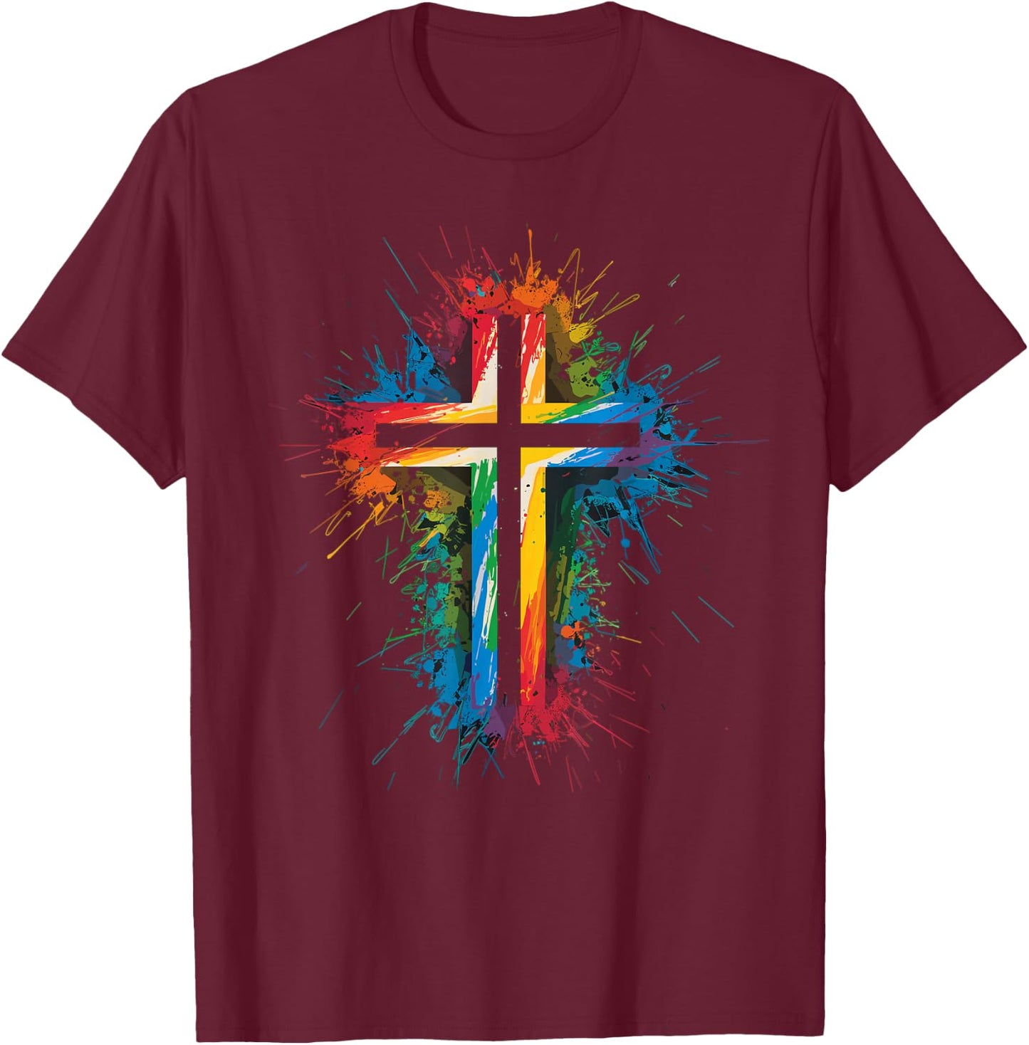 Colorful Paint Splash Cross Art Graphic T-Shirt - T-Shirt | Maroon