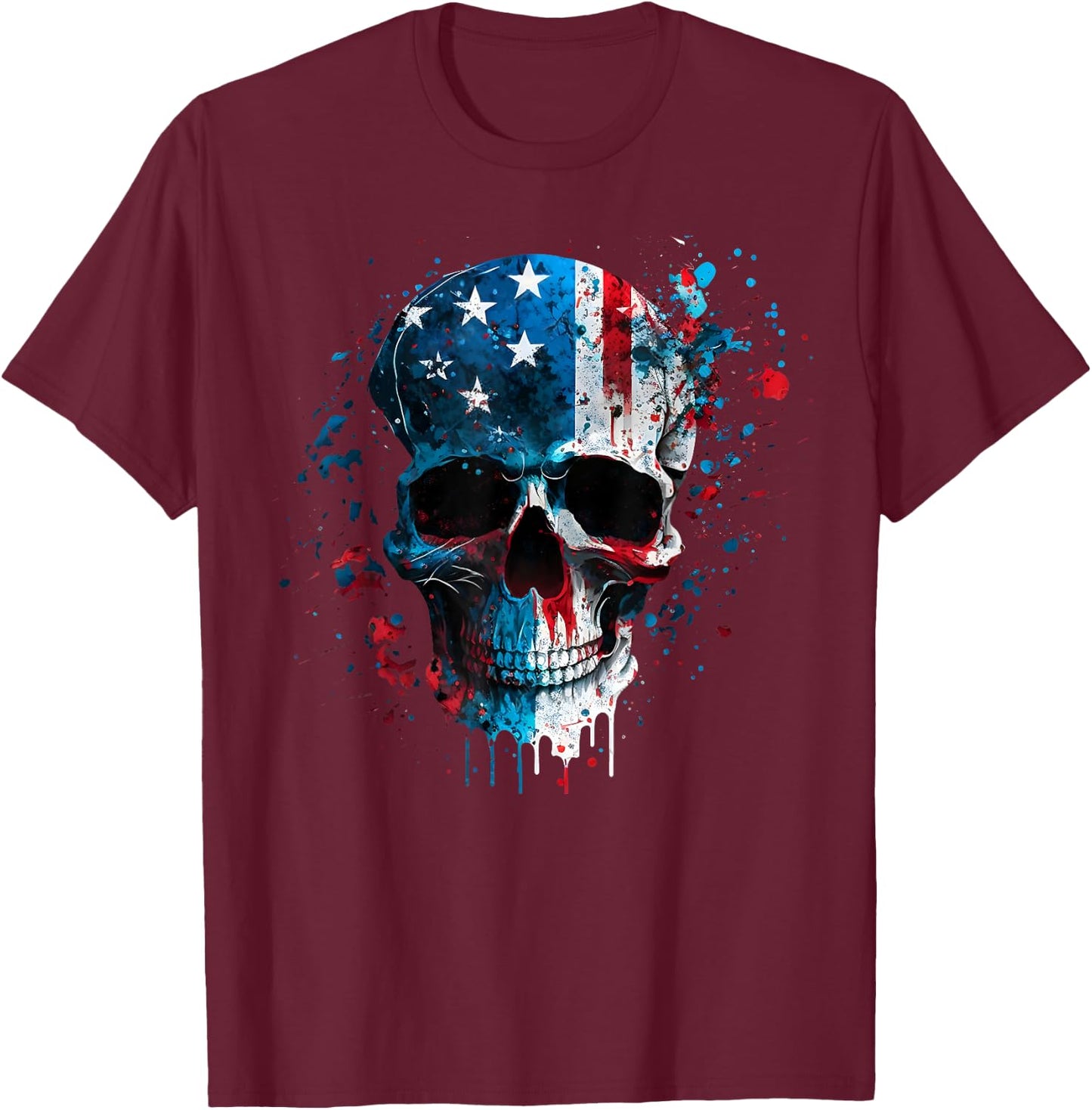 Skull Skeleton American Flag Freedom Patriotic 4th of July T-Shirt - T-Shirt | Maroon