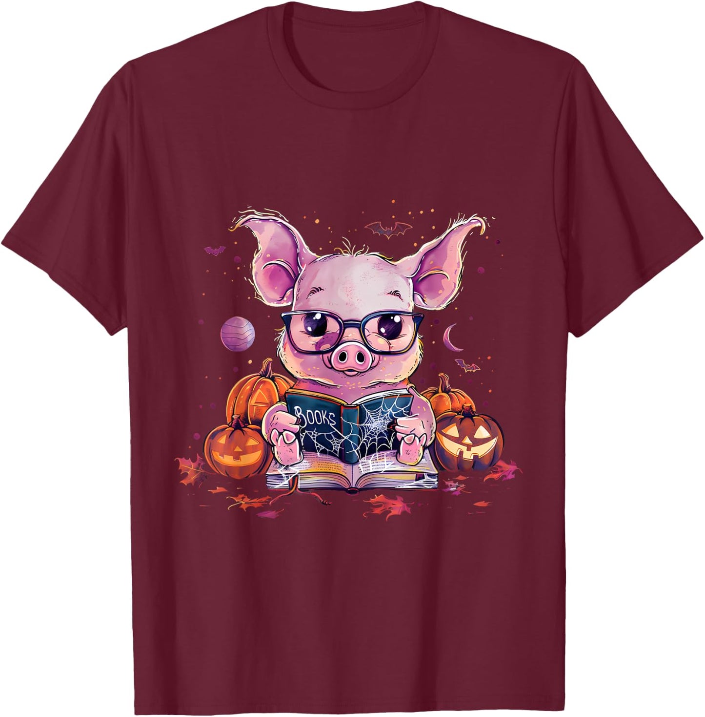 Pig Halloween Costume Pumpkin Witchcraft Book Reading T-Shirt - T-Shirt | Maroon