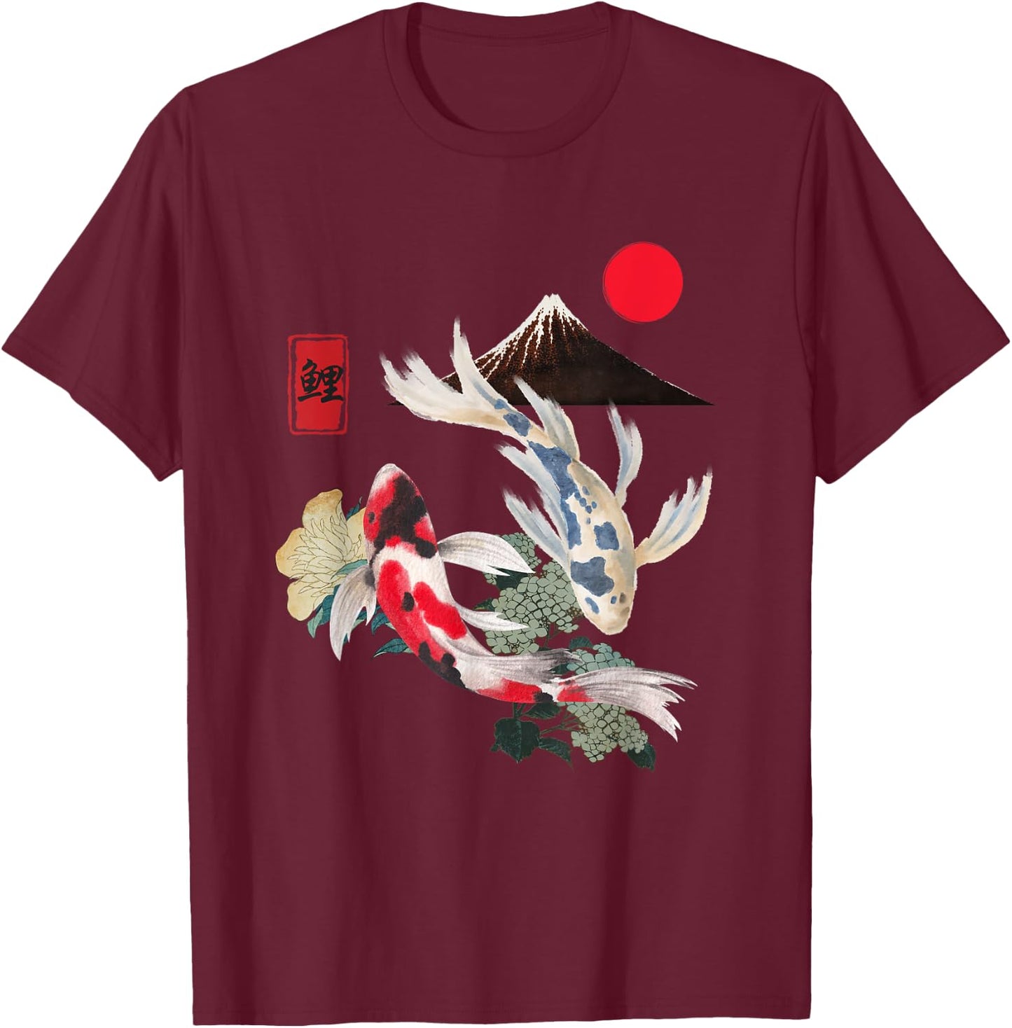 Koi Fish and Cherry Blossom Japanese Art Aesthetic Design T-Shirt - T-Shirt | Maroon