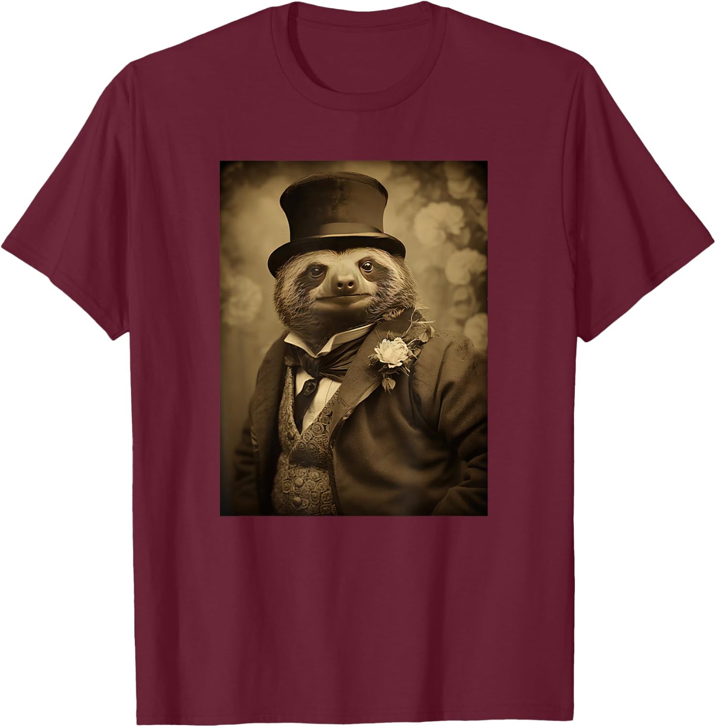 Funny Sloth Photo Victorian Animal Portrait Vintage Sloth T-Shirt - T-Shirt | Maroon
