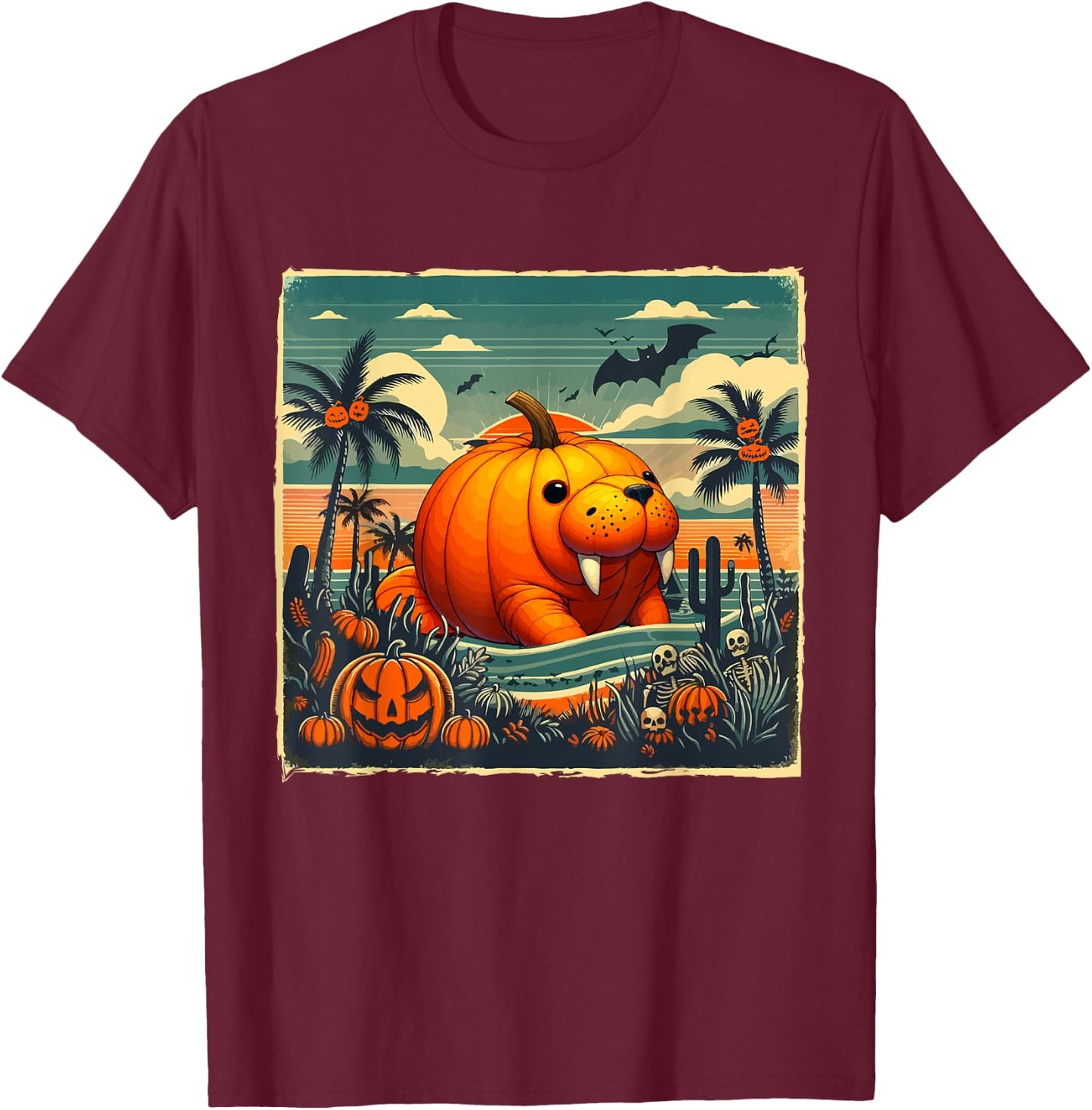 Horror Carved Pumpkin As Manatee Halloween Costume Beach T-Shirt - T-Shirt | Maroon