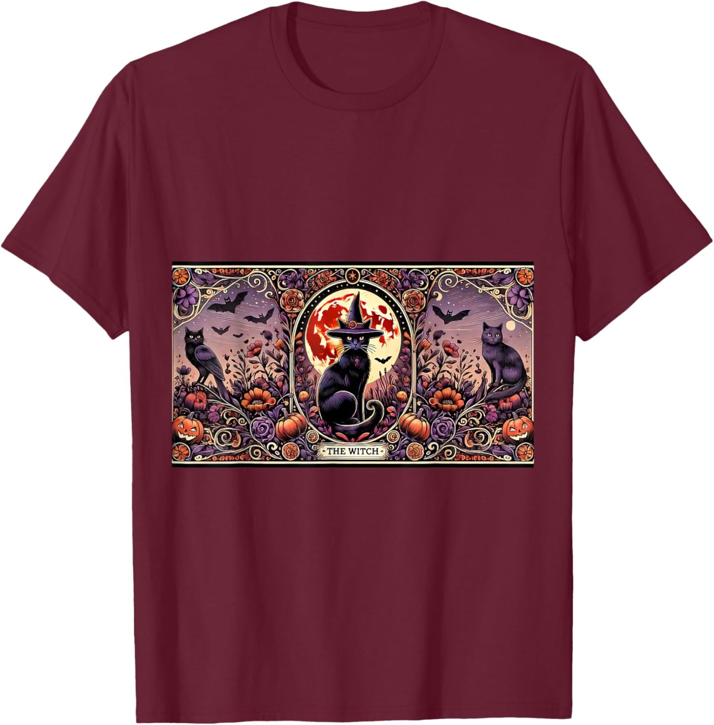 Vintage Gothic The Witch Black Cat Tarot Card Halloween 2024 Women Kids T-Shirt - T-Shirt | Maroon