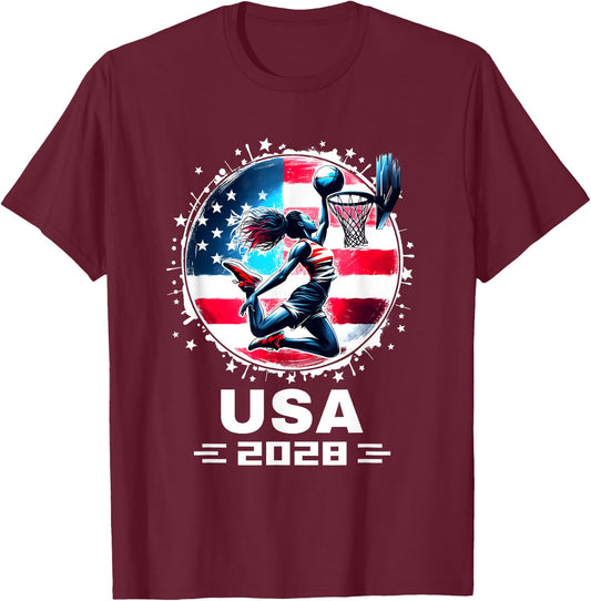 USA Team 2028 United States American Flag Women Basketball T-Shirt - T-Shirt | Maroon