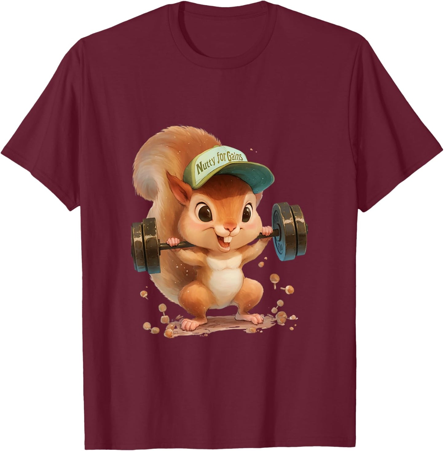 Nutty for Gains Fitness Squirrel Workout Gym Art T-Shirt - T-Shirt | Maroon