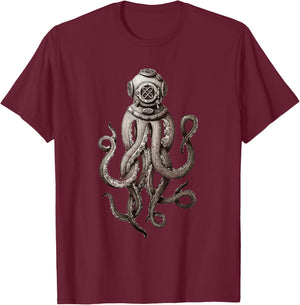 Retro Scuba Diver Weird Octopus Design, Octopus Helmet T-Shirt - T-Shirt | Maroon