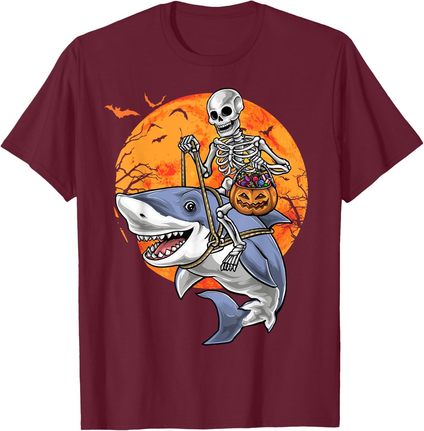 Halloween Skeleton Shark Kids Boys Girls T-Shirt - T-Shirt | Maroon