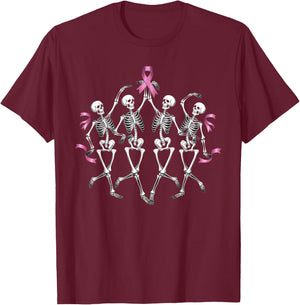 Breast Cancer Awareness Skeleton Dancing Pink Ribbon Costume T-Shirt - T-Shirt | Maroon