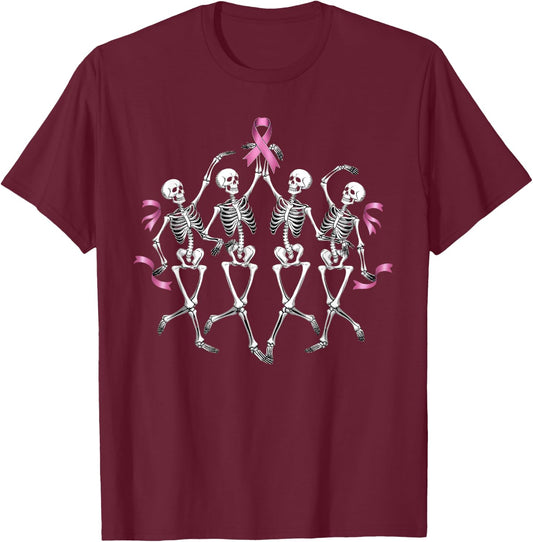 Breast Cancer Awareness Skeleton Dancing Pink Ribbon Costume T-Shirt - T-Shirt | Maroon