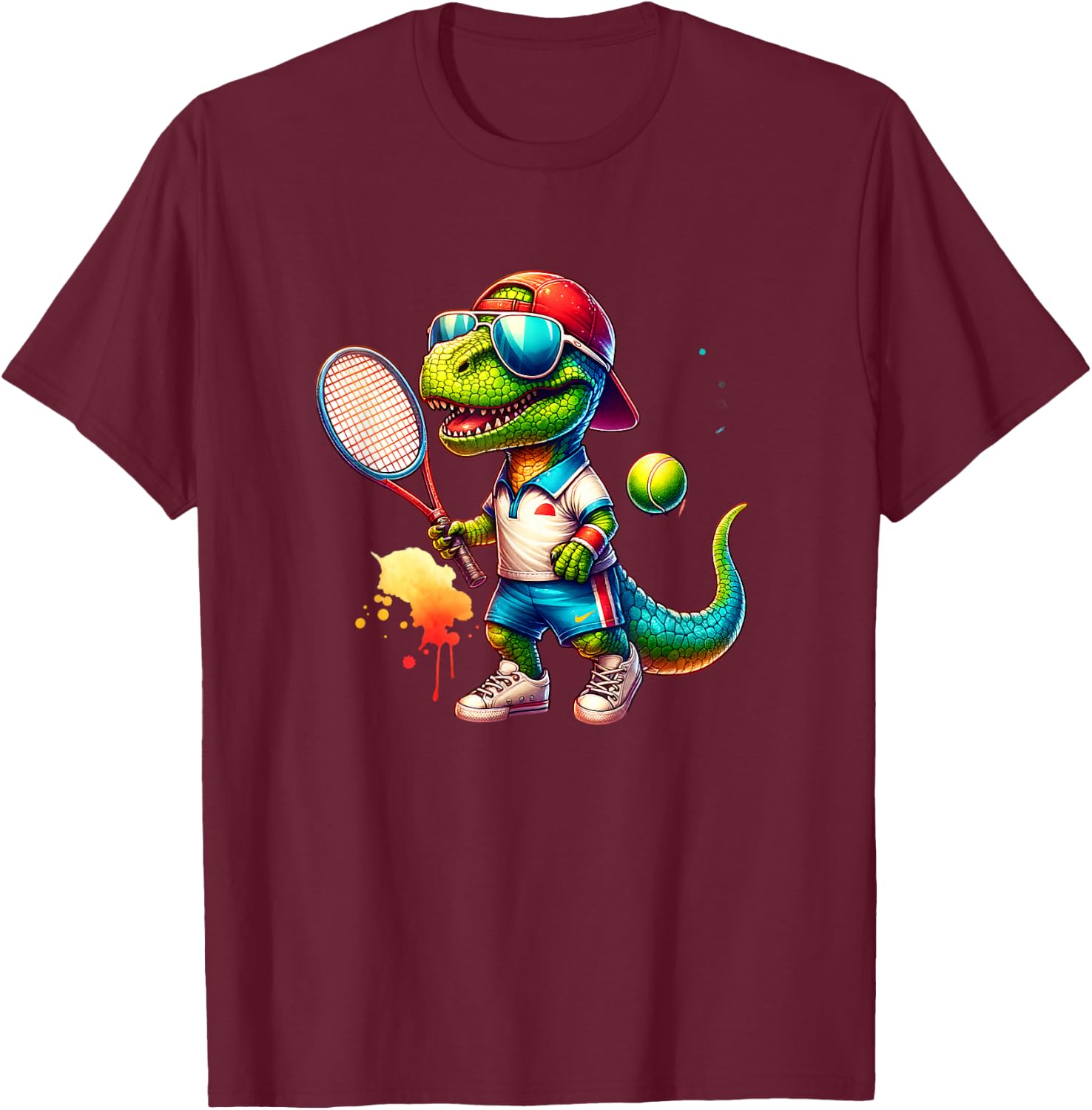 Dinosaur Dino Boy Tennis Player Sport T-Shirt - T-Shirt | Maroon