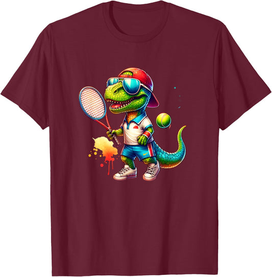 Dinosaur Dino Boy Tennis Player Sport T-Shirt - T-Shirt | Maroon
