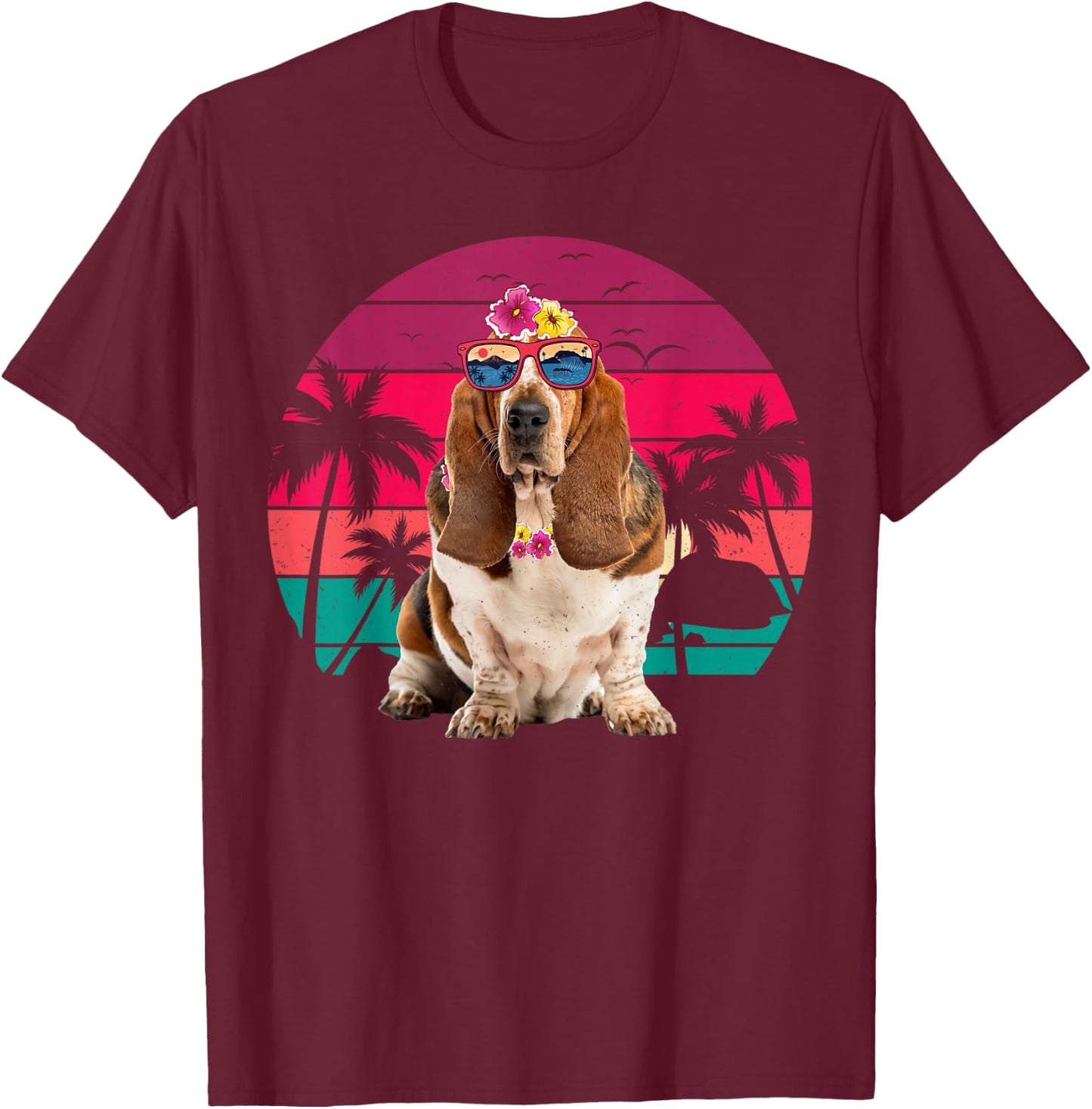 Retro Hawaiian Basset Hound Dog Tropical Floral Summer Vibes Women Kids T-Shirt - T-Shirt | Maroon