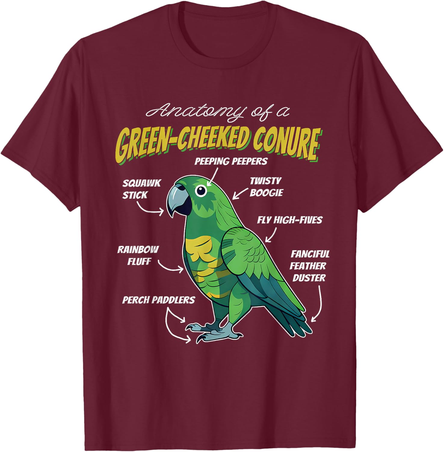 Green Cheek Conure Parrot Anatomy of A Green-Cheeked Conure T-Shirt - T-Shirt | Maroon