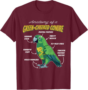Green Cheek Conure Parrot Anatomy of A Green-Cheeked Conure T-Shirt - T-Shirt | Maroon