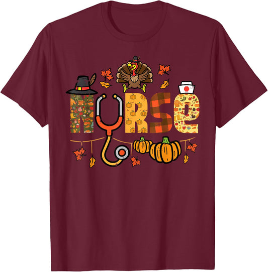 Thanksgiving Nurse Stethoscope Fall Scrub Top ER Men Women T-Shirt - T-Shirt | Maroon