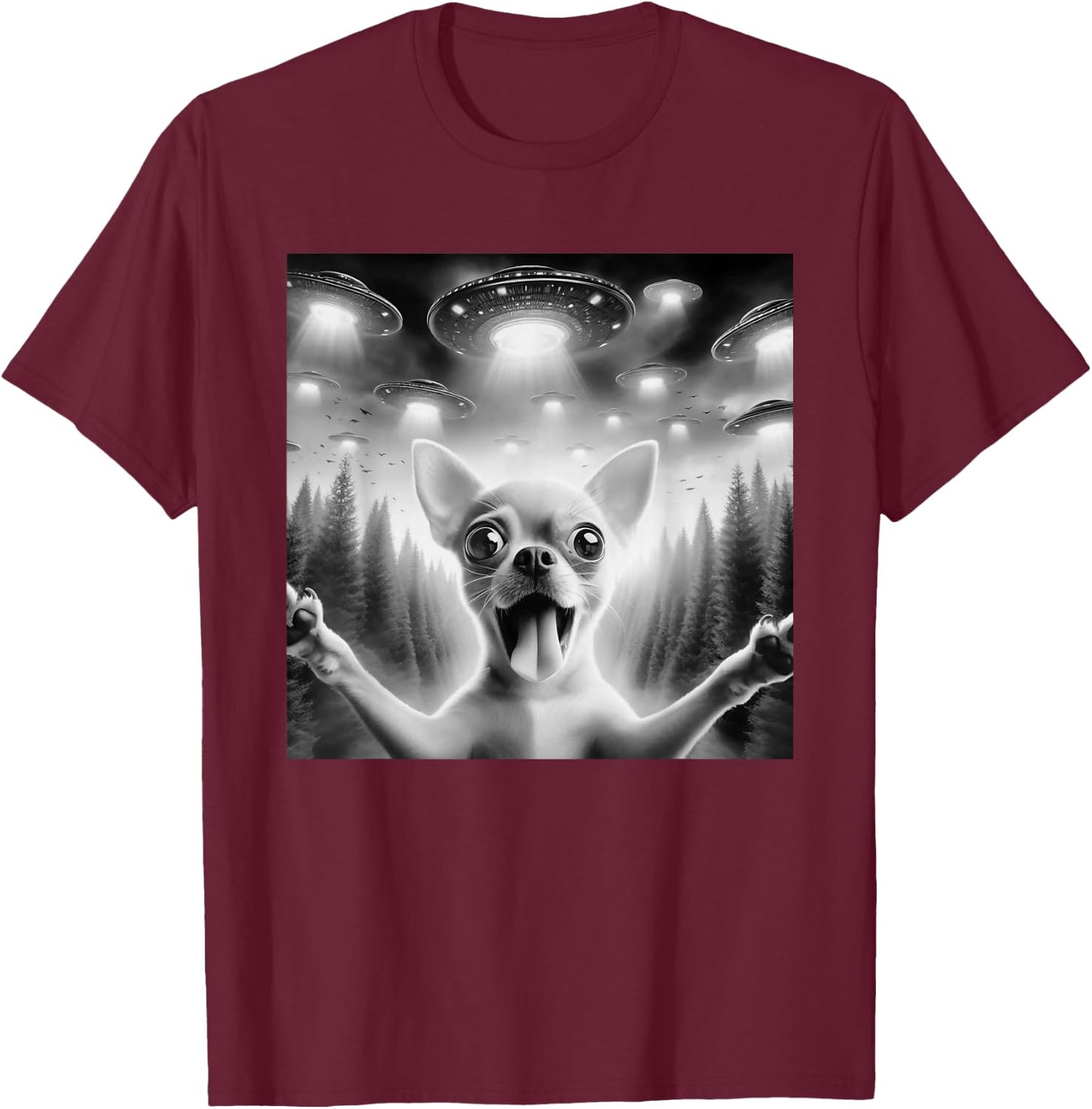 Chihuahua Selfie UFO alien surprised Chihuahua T-Shirt - T-Shirt | Maroon