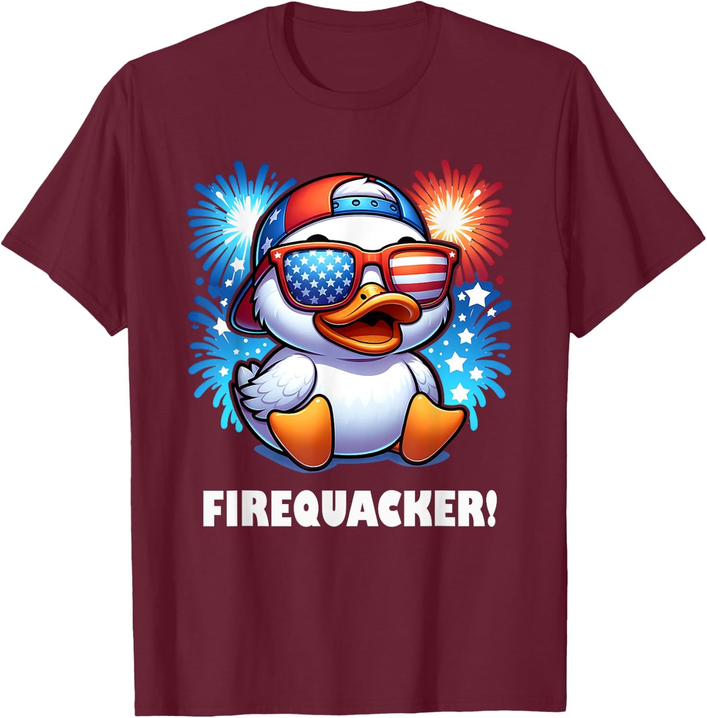 4th of July Firequacker Duck American Flag Fireworks Graphic T-Shirt - T-Shirt | Maroon