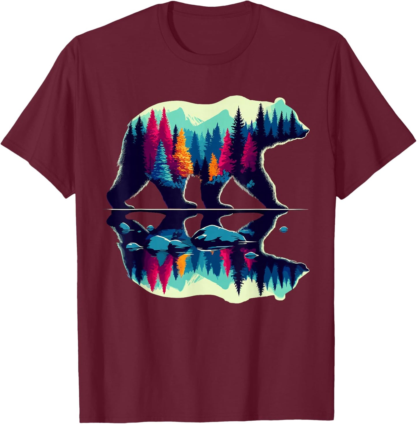 Trees Reflection Wildlife Nature Bear Outdoor Forest T-Shirt - T-Shirt | Maroon