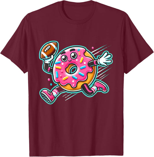 Funny Donut Playing Football Food Champ Sports Donut T-Shirt - T-Shirt | Maroon