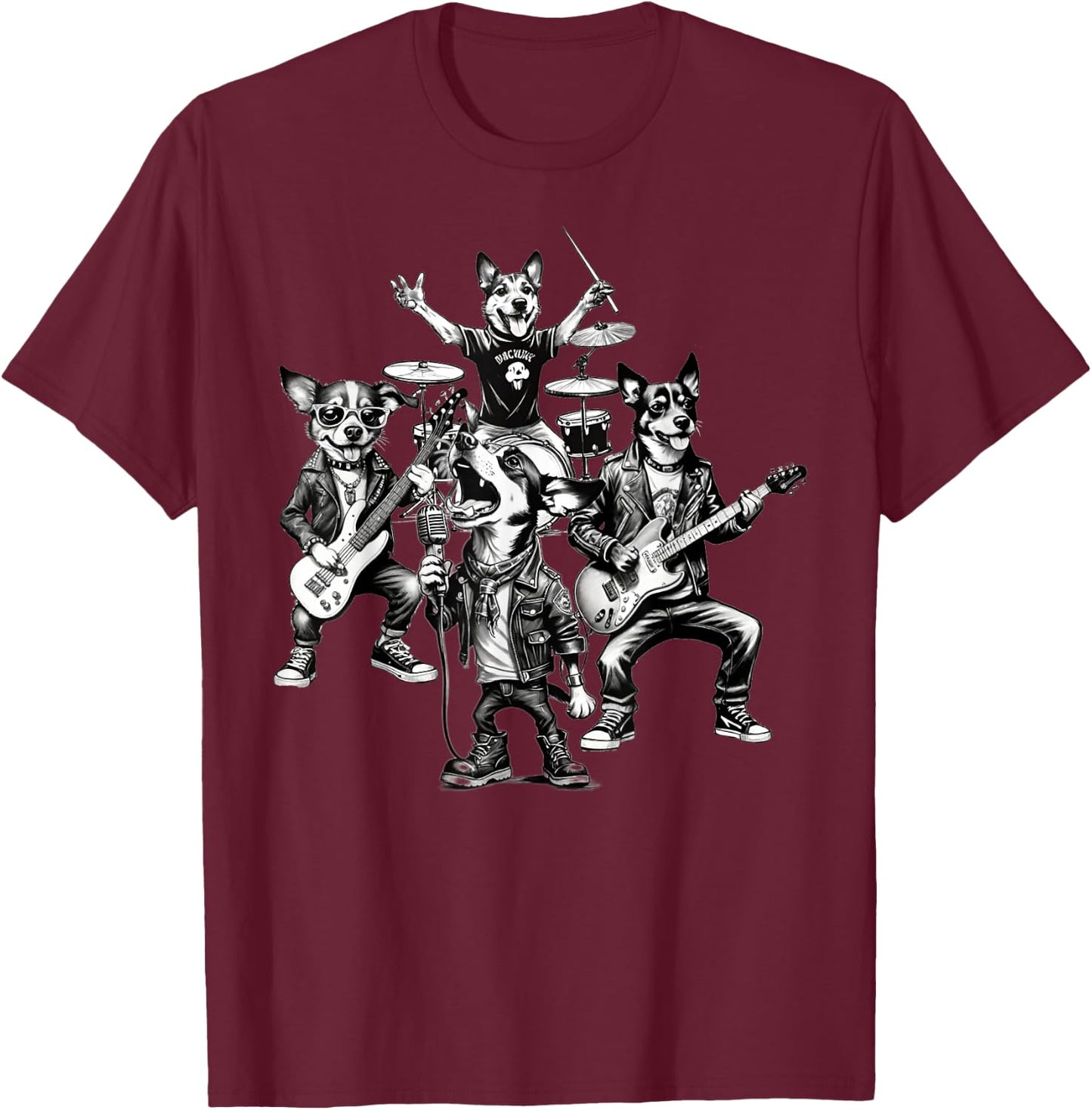 Dogs Rock Band Dogs Playing Guitar Bass Drums Singer Dog Women T-Shirt - T-Shirt | Maroon