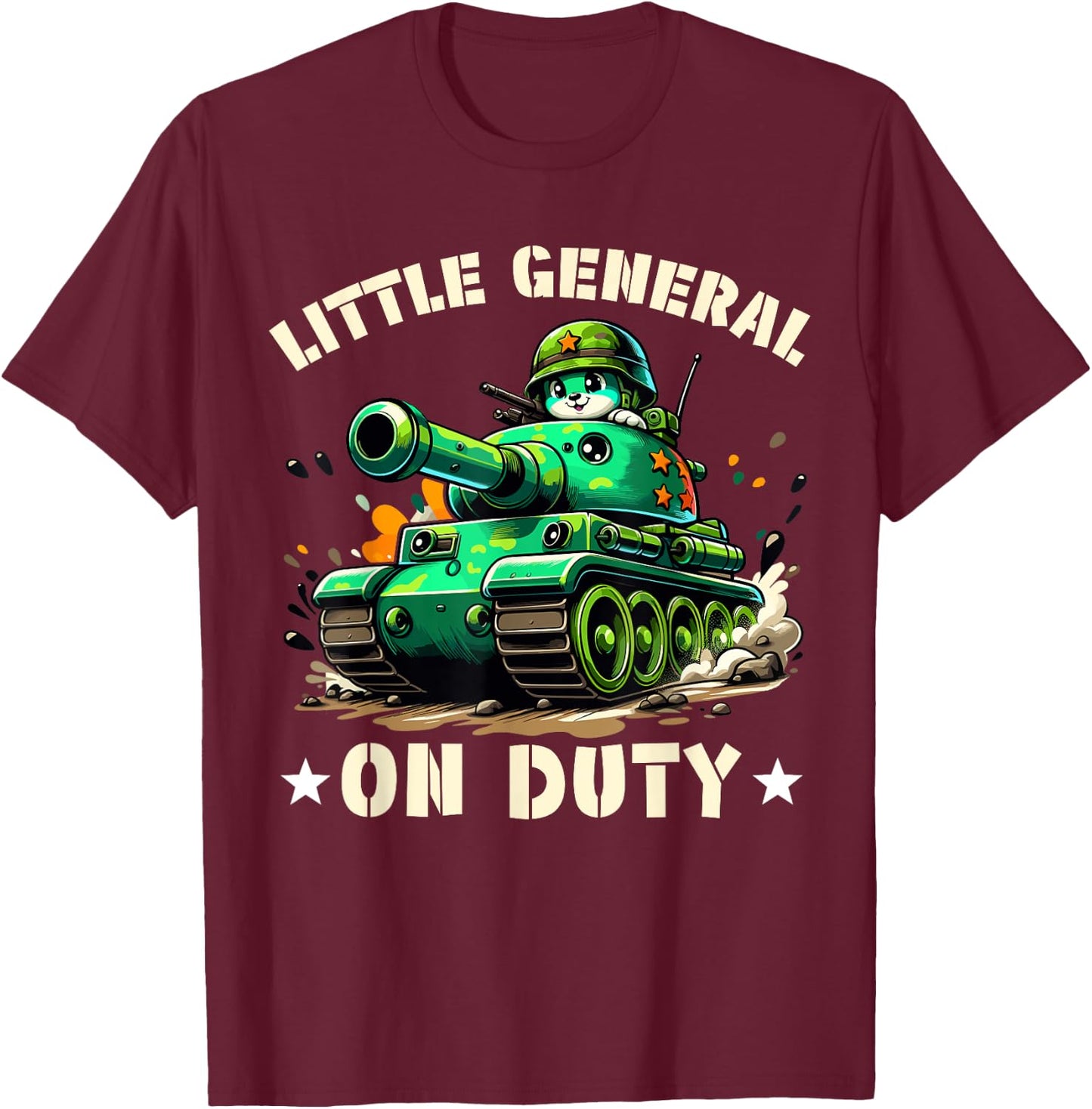 Little General on Duty - Boys Army Tank military Adventure T-Shirt - T-Shirt | Maroon