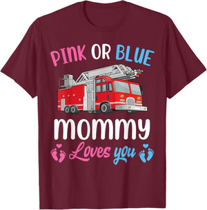 Pink Or Blue Mommy Loves You Fire Truck Baby Gender Reveal T-Shirt - T-Shirt | Maroon