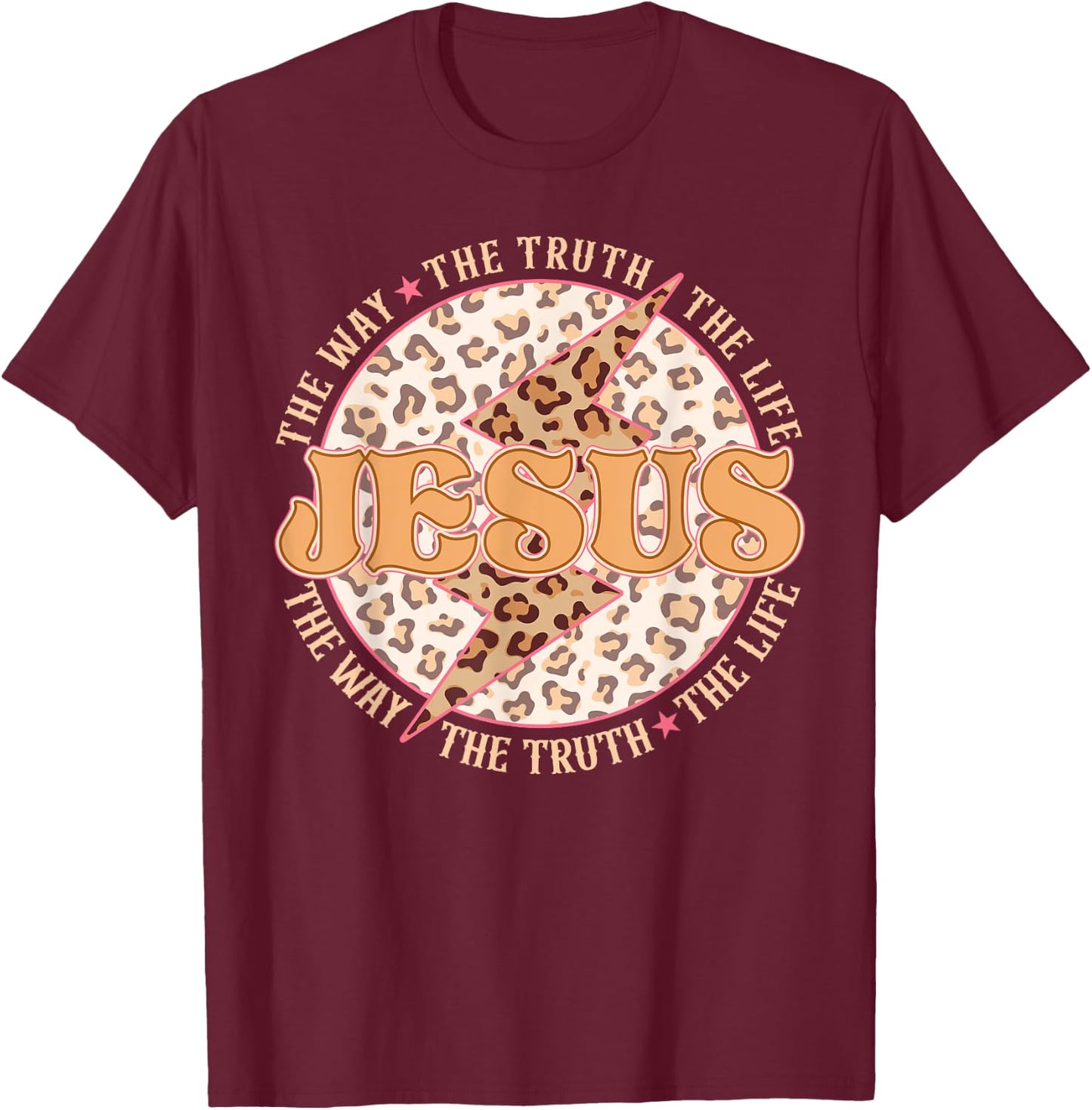 Jesus The Way Truth Retro Groovy Lightning Leopard Women Men T-Shirt - T-Shirt | Maroon