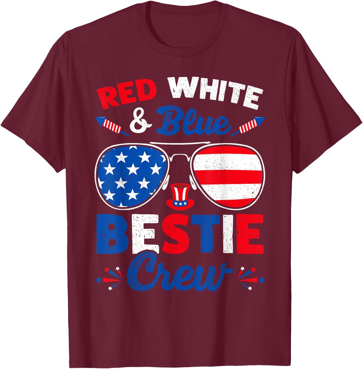 Retro 4th Of July Red White & Blue Bestie Crew American Flag Women Men T-Shirt - T-Shirt | Maroon